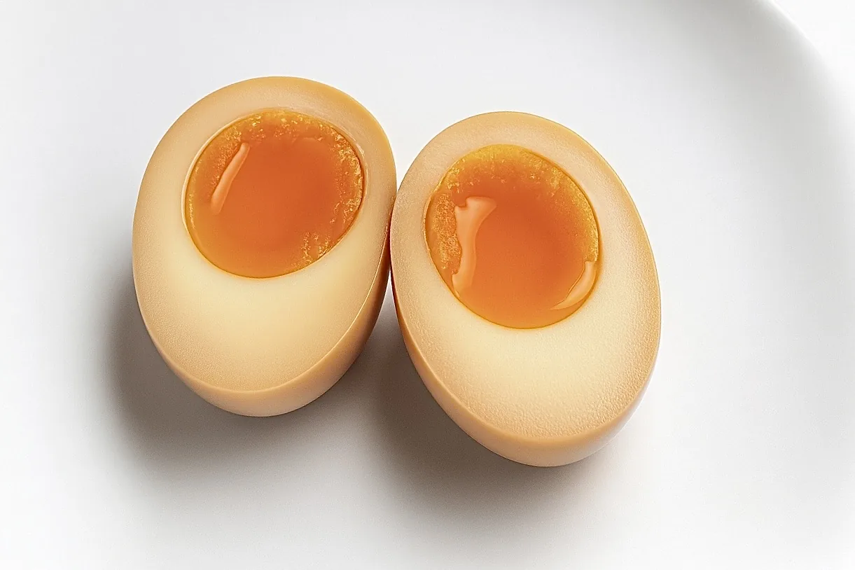 Ajitama seasoned egg — soy-salt white with molten yolk